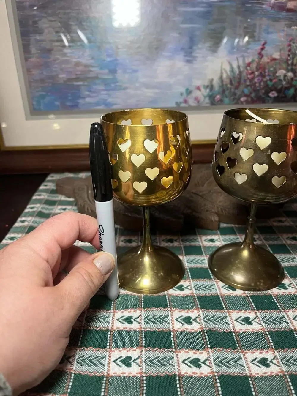 Vintage Hosley Brass Heart Cutout Goblet Votive Candle Holders, Set of 2